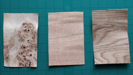 Left to right: maple burl, fiddleback anigre, and chestnut. Each one has a different grain structure that should be considered when cutting.