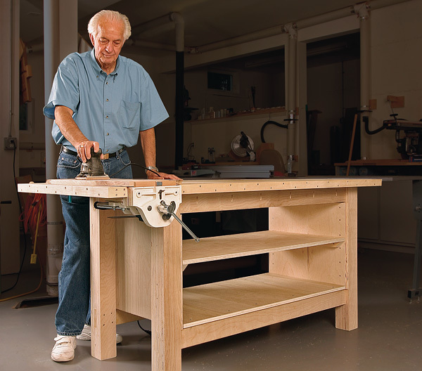 Plans for simple sturdy plywood workbench for woodworking with vise